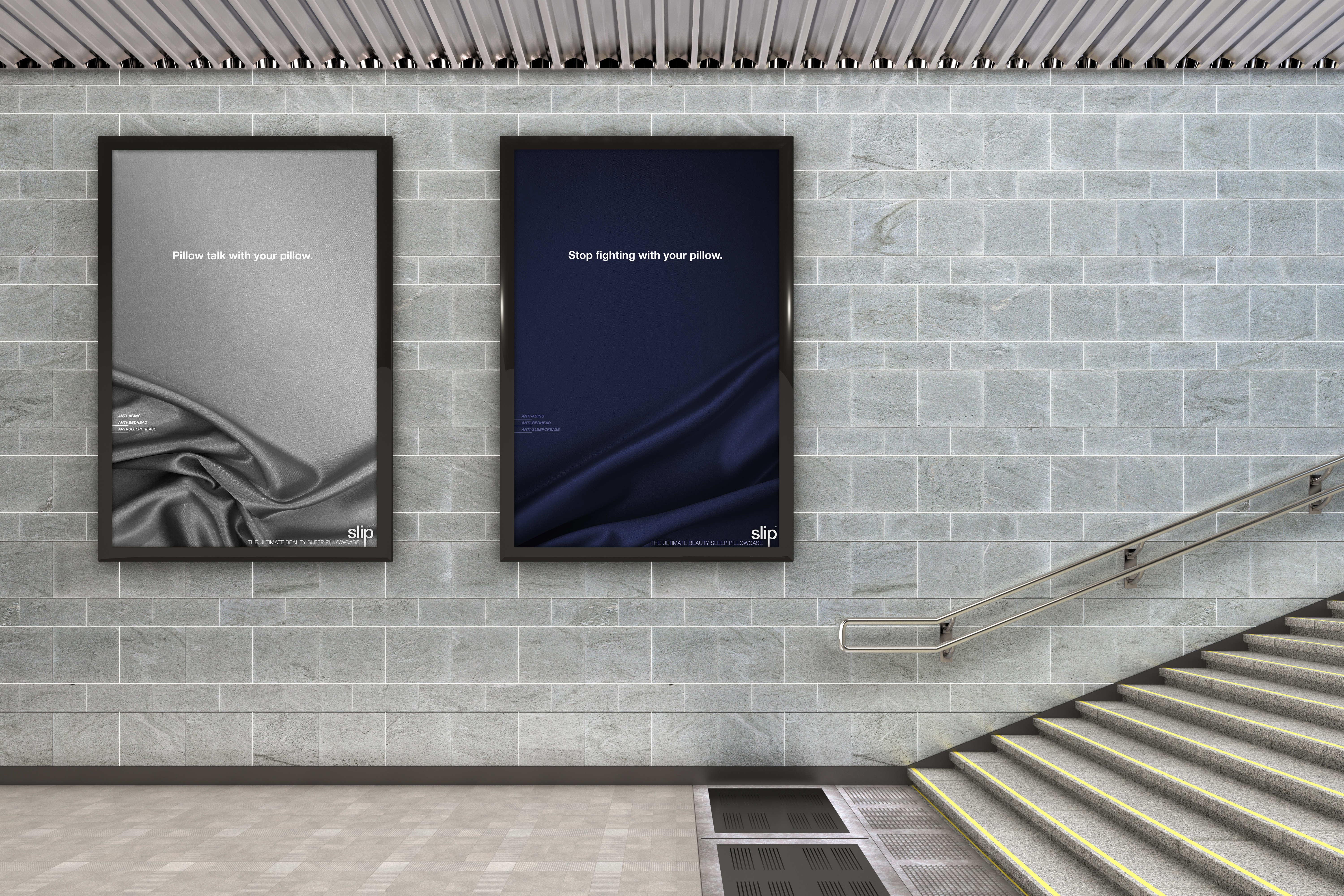 Slip subway posters — Pillow talk and Stop fighting with your pillow.